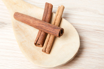 Cinnamon sticks on a wooden spoon