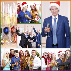 Obraz premium Collage of photos with Christmas celebration in office