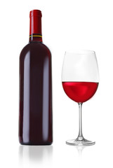Bottle of great wine and glass isolated on white