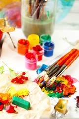Beautiful still life with professional art materials, close up