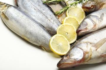 Fresh fish with lemon and rosemary close-up