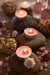 Composition of spa treatment on wooden background