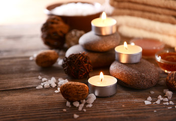 Composition of spa treatment on wooden background