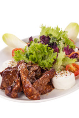 grilled beef stripes fresh salad and goat cheese