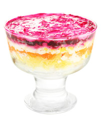 Russian herring salad in glass bowl isolated on white