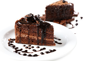 Yummy chocolate cake, isolated on white