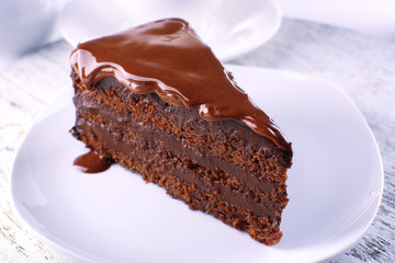 Delicious chocolate cake on plate on table on light background