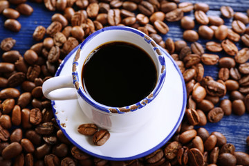 Cup of coffee on wooden table