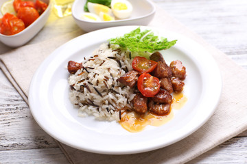 Tasty rice served on table, close-up