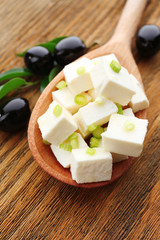 Feta cheese on table close-up