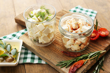 Feta cheese on table