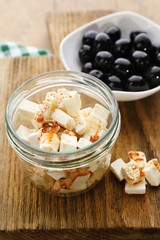 Feta cheese on table