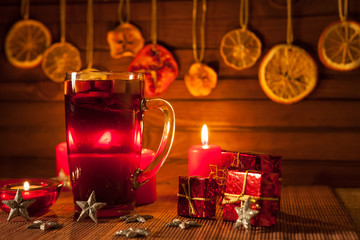 mulled wine and Christmas decorations, candles, gifts