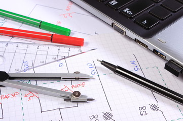 Electrical diagrams, accessories for drawing and laptop