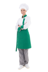 young happy chef woman in uniform - full length isolated on whit