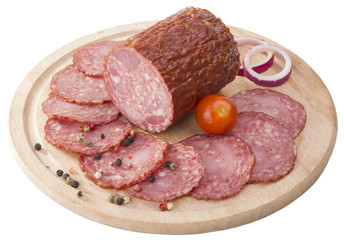 shpekovsliced salami on wooden board