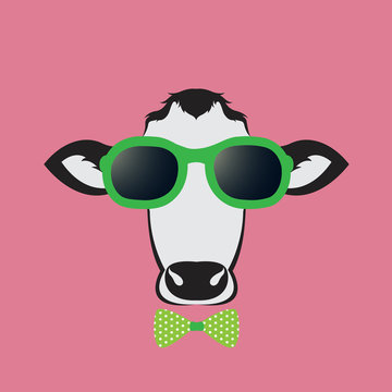 Vector images of a cow wearing glasses on pink background.