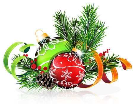 Christmas tree balls with green and orange ribbons
