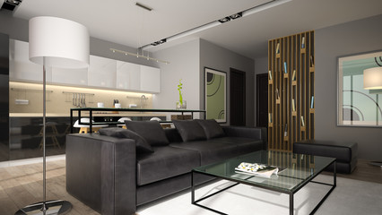 Modern interior with black sofa 3D rendering