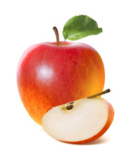 Single red apple and quarter slice isolated on white