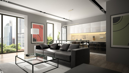 Naklejka na ściany i meble Modern interior with black sofa and parquet floor 3D rendering