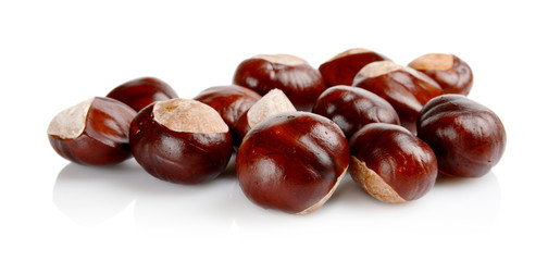 Closeup shot few chestnuts isolated on white background
