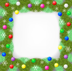 Christmas frame of fir branch decorated balls and snowflakes