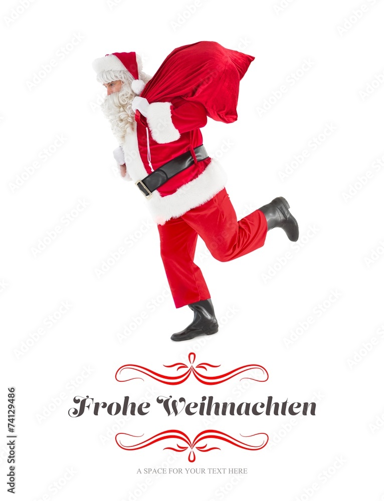 Poster composite image of santa claus walking with a sack