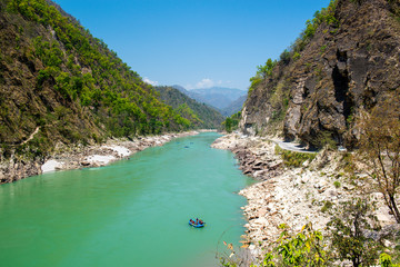 Gang river valley and rafting boat  near Rishikesh