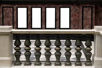 Balustrade against the background of wall with frames for text