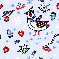 Winter seamless blue background with birds