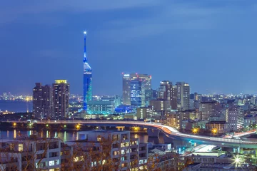 Gordijnen Twilight of Fukuoka cityscape in Kyushu, Japan. © orpheus26