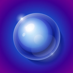 Realistic shiny transparent water drop sphere on blue background
