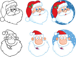 Santa Claus Head Cartoon Character. Collection Set