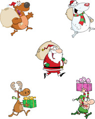 Running Christmas Cartoon Characters. Collection Set