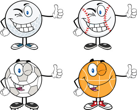 Sport Ball Cartoon Character Giving A Thumb Up. Collection Set