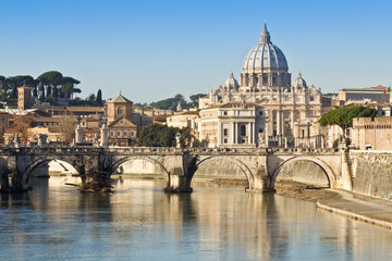 Bridge, basilica and the river Tiber in Rome - obrazy, fototapety, plakaty