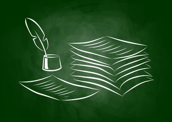 Drawing of quill and paper on blackboard