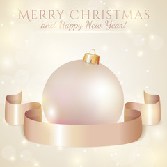 Festive card with Christmas ball and ribbon. Vector illustration