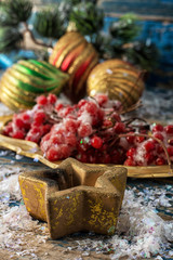 kalina on gold tray and Christmas decorations