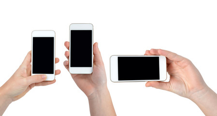 Hand holding White Smartphone with blank screen