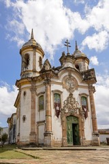 Facade of a historic church of Saint Francis of Assisi on the slopes of Ouro Preto in Minas Gerais