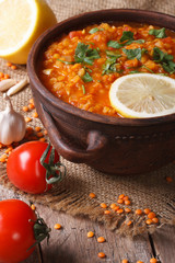 Red lentil soup with vegetables close-up on the table. Vertical