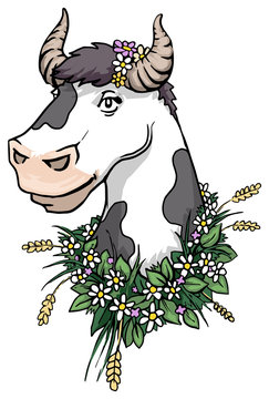 Cute pretty cow portrait surrounded by a bunch of  wild flowers