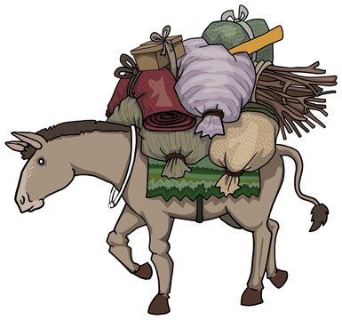 Donkey character loaded with various heavy loads
