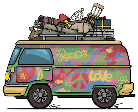 vintage hippie van, painted, with luggage on top