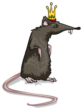 Spiteful And Insidious Old Rat King With A Shabby Tail, Wearing A Gold Crown  And A Chain, Grinning Out Of Its Dark Hole, Vector Cartoon Illustration On  A White Background Royalty Free