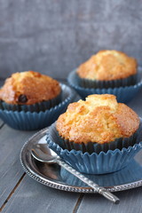 Muffins with raisins in blue wrappers on rustic wood background