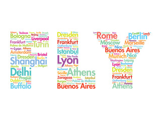 Fototapeta na wymiar FLY text travel concept made with words cities names, vector