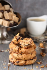 Fresh homemade chocolate chip cookies with cup of espresso